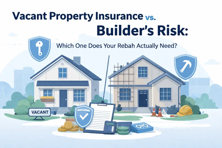 Illustration comparing vacant property insurance and builder's risk with two houses and related icons.