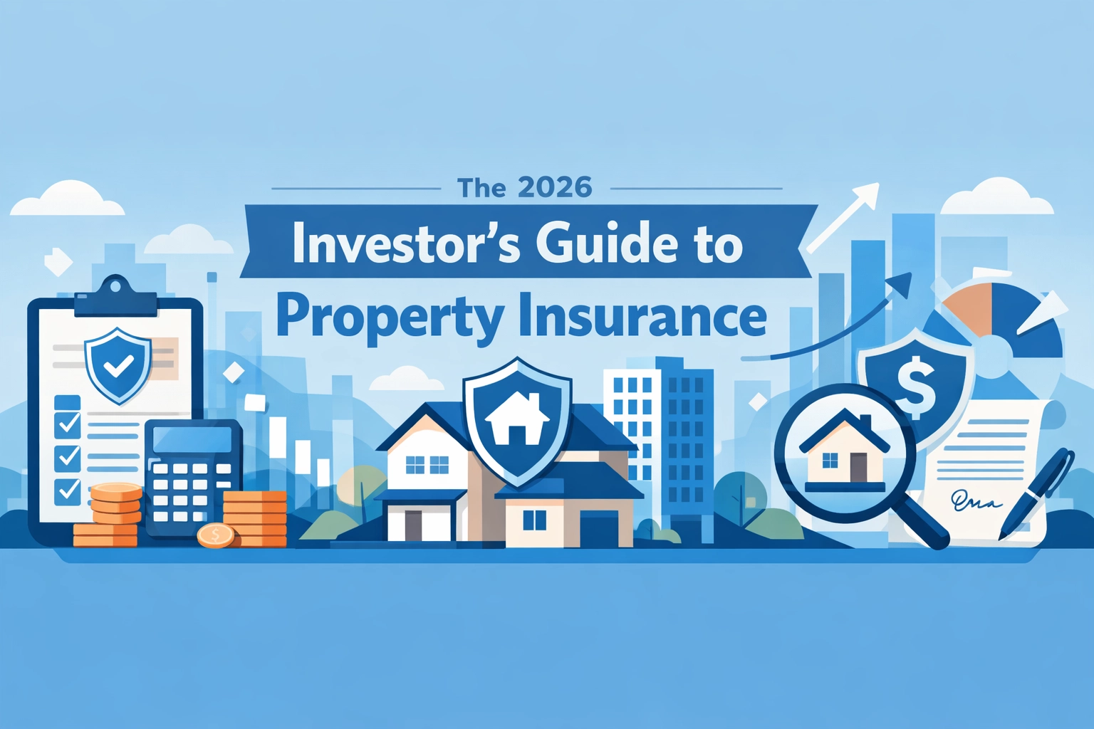 Illustration of the 2026 Investor's Guide to Property Insurance with charts and icons.