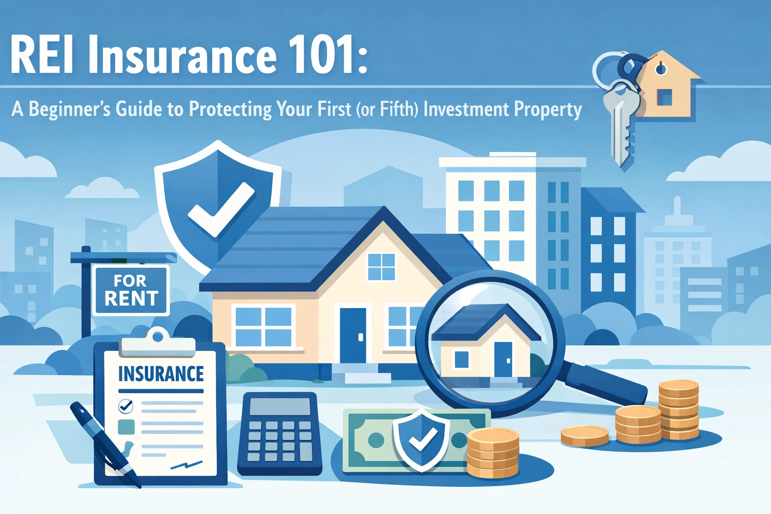 Graphic illustrating REI insurance concepts with a house, insurance documents, and financial elements.