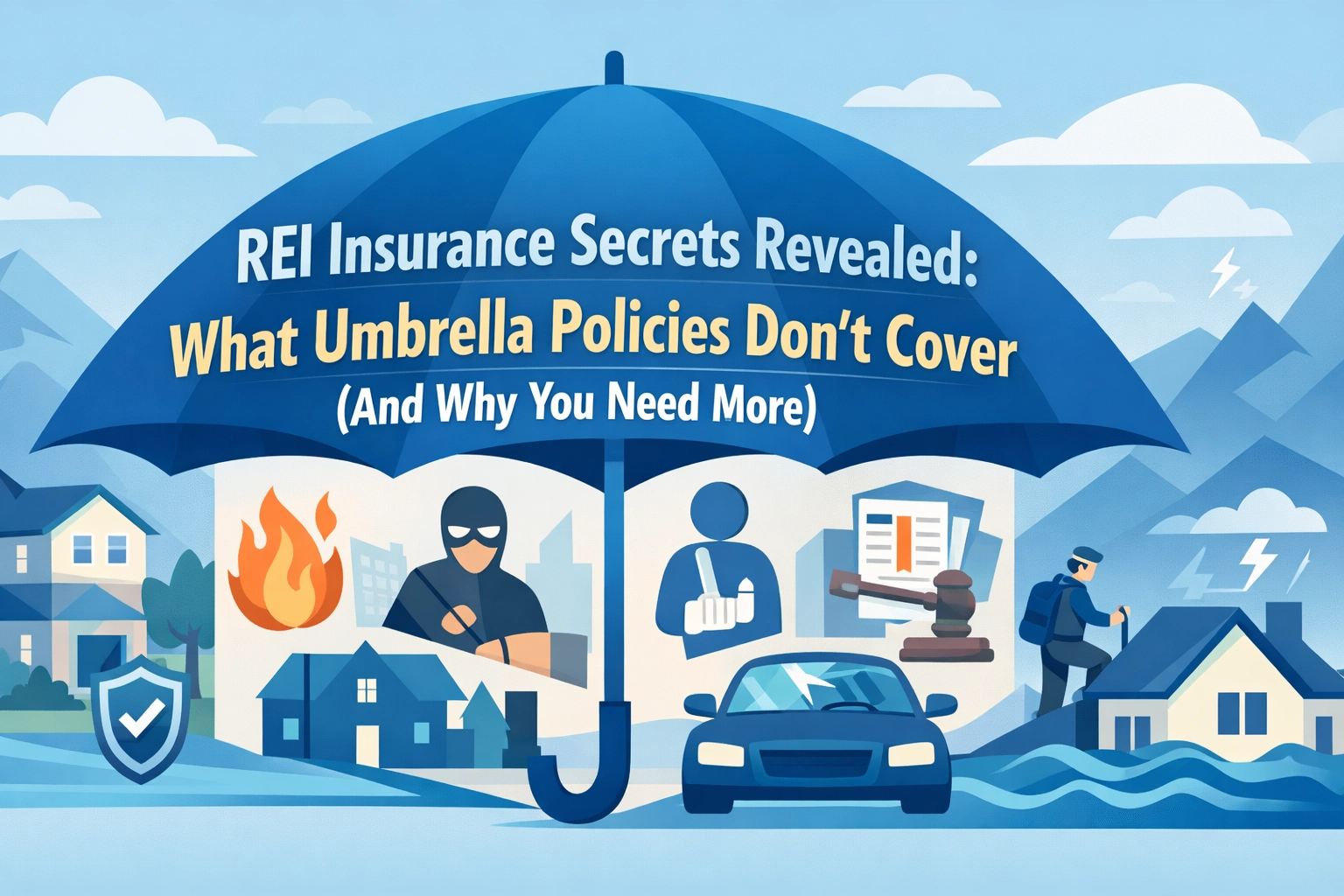 Illustration depicting REI Insurance umbrella policy coverage with icons representing various risks and protections.