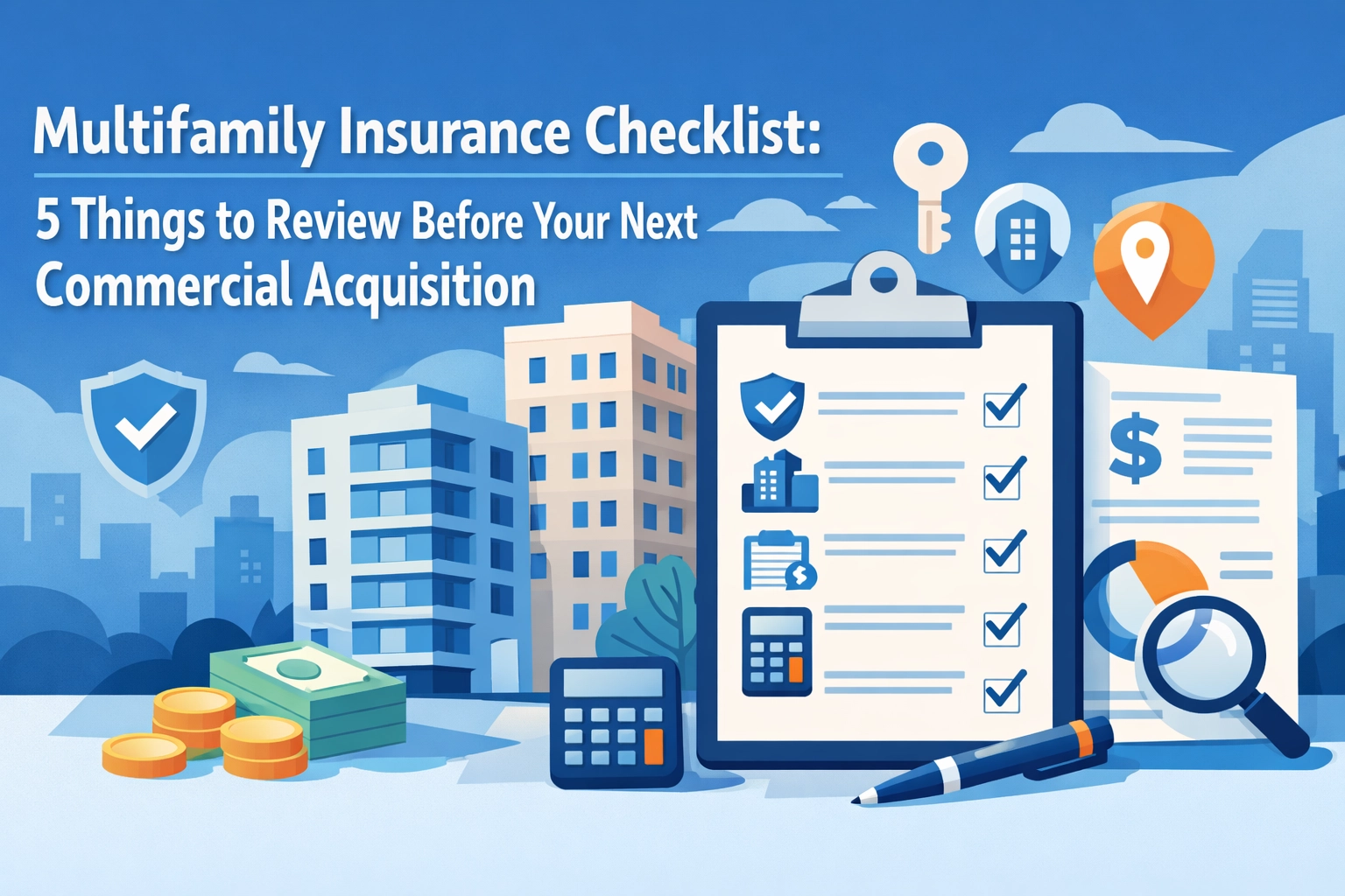 Graphic illustration of a multifamily insurance checklist with buildings, money, and a calculator.