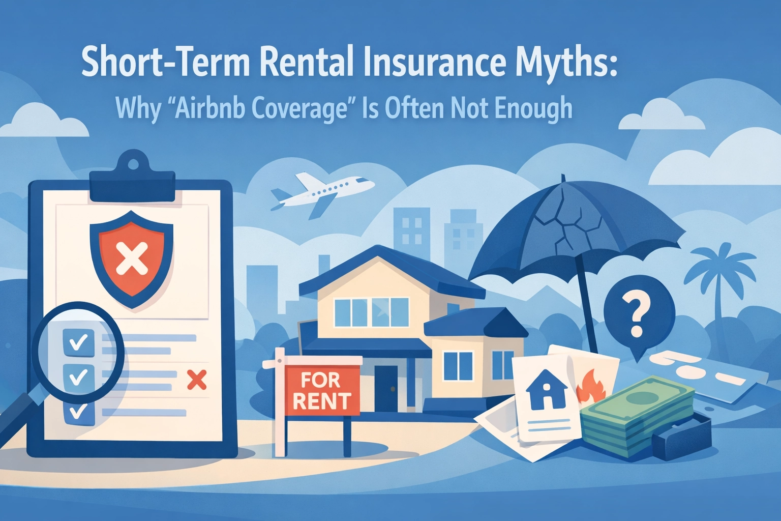 Illustration depicting short-term rental insurance myths with a checklist, house, and symbols of coverage.