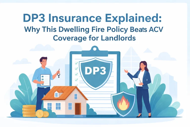 Illustration explaining DP3 insurance with a house, shield, and characters discussing insurance details.