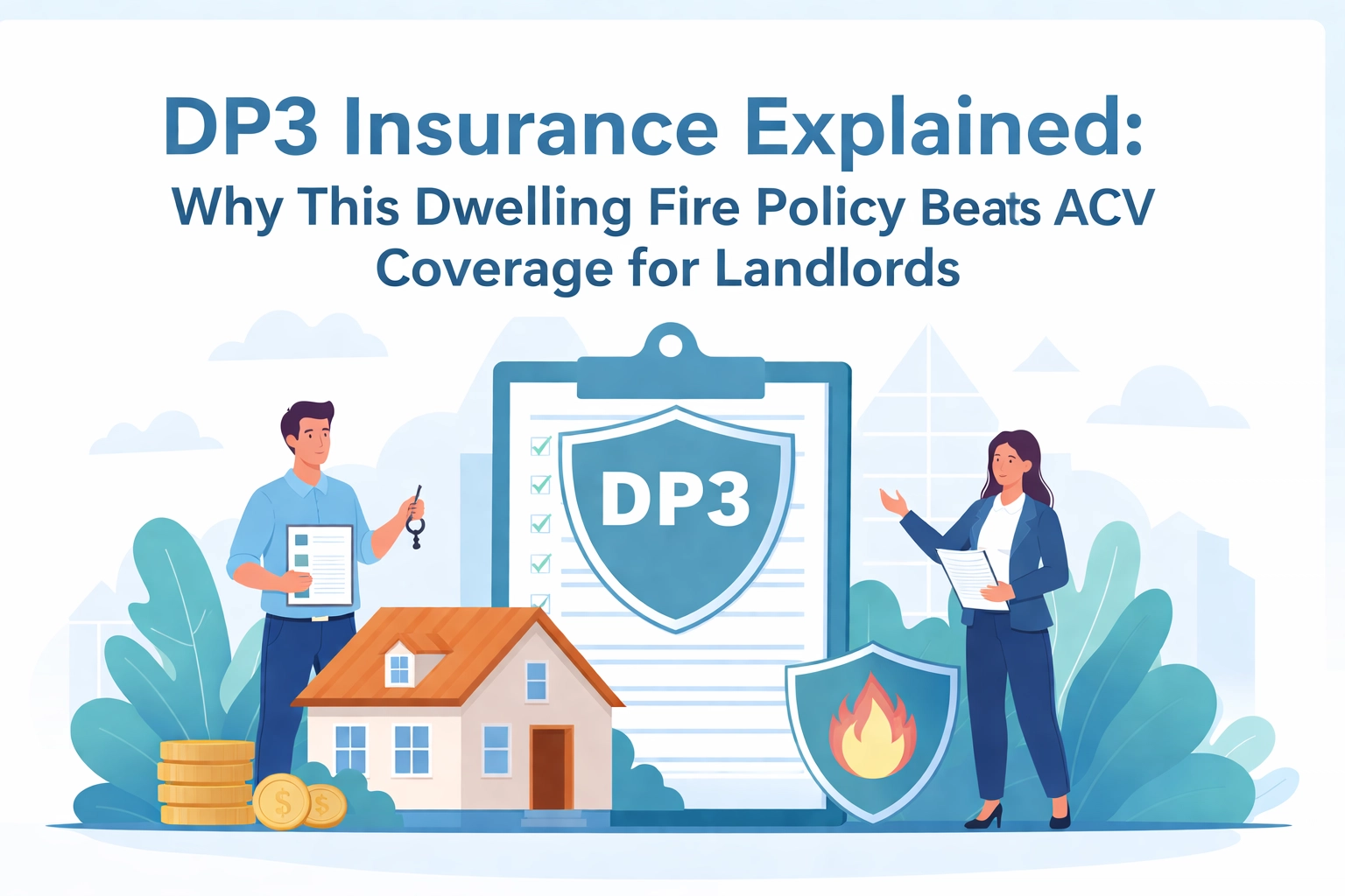 Illustration explaining DP3 insurance with a house, shield, and characters discussing insurance details.