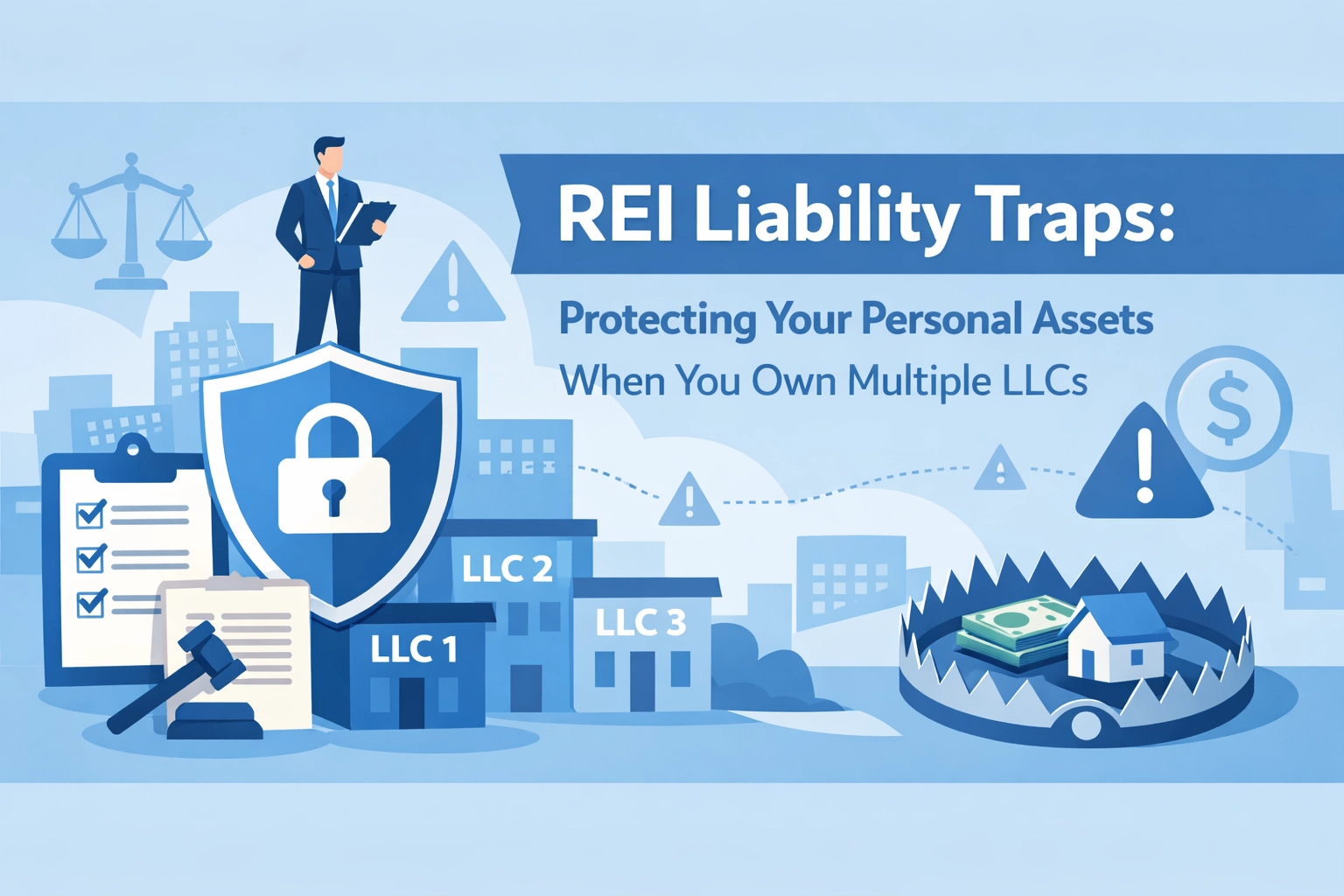 Illustration depicting liability traps in real estate investing with multiple LLCs, featuring a shield and money.