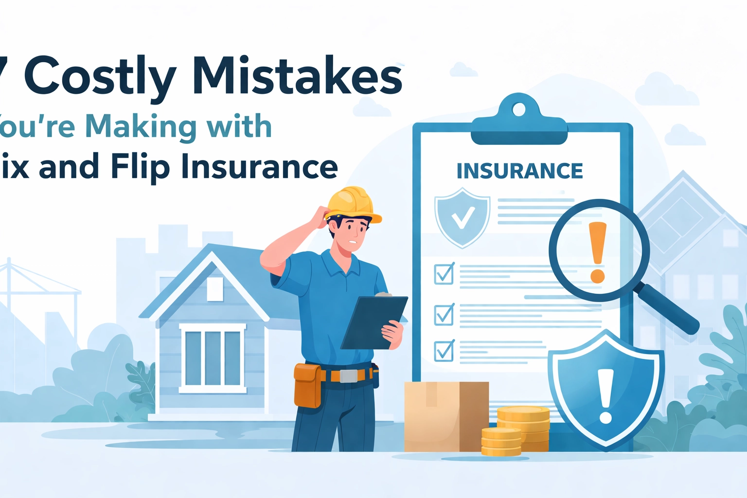 Illustration of a construction worker reviewing a checklist for fix and flip insurance with a house in the background.