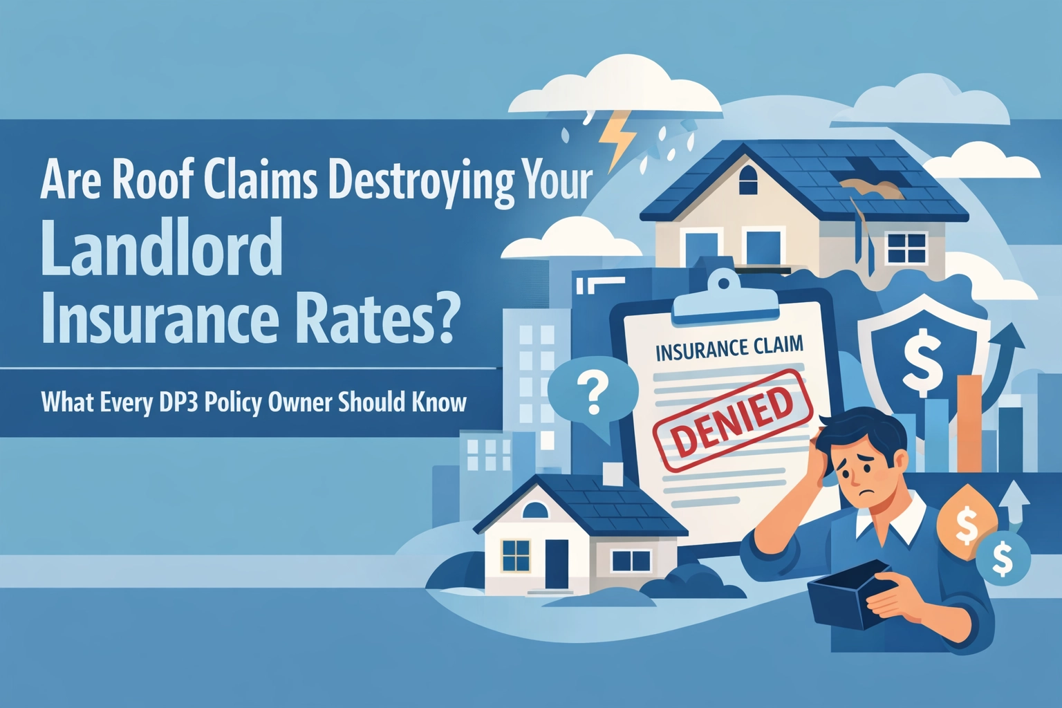 Illustration depicting landlord insurance claims with a denied claim notice and worried landlord.