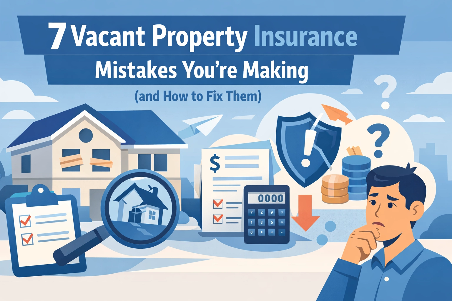 Graphic illustrating common mistakes in vacant property insurance with icons and a worried individual.